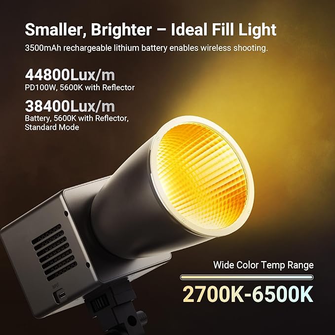 NEEWER HB60B 60W Mini LED Video Light with 50Wh Battery/100W PD Fast Charging APP/2.4G Control/NFC + 9.8ft/3m Air Cushioned Light Stand Tripod with 3 Way Mounting Interface Max Load 5.5lb/2.5kg