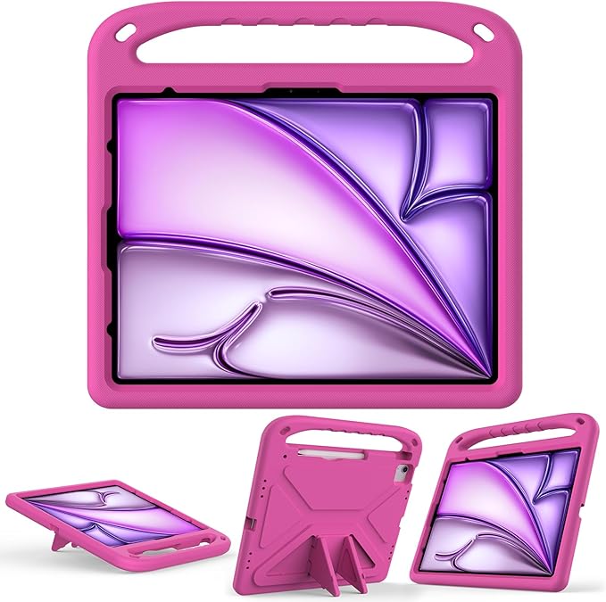 Cute Kids Case for iPad Air 13" M4 M3 M2 2026 2025 2024/ Pro 13 Inch M5 M4 Cover 2025 2024, iPad Pro 12.9 Case 2022/2021/2020/20218, Soft EVA Handle Cover with Shoulder Strap Stand, Rose