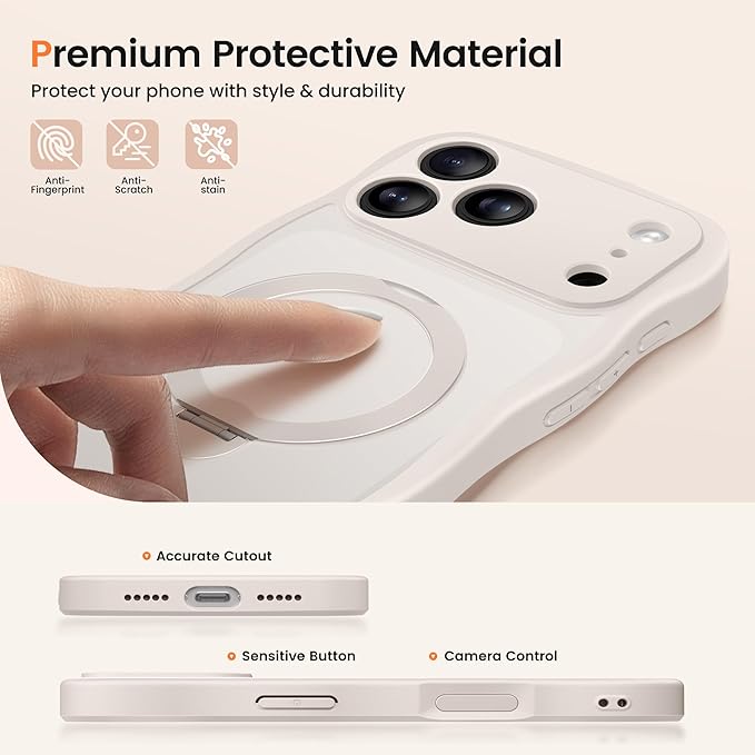 CAPRARO for iPhone 17 Pro Case with 360° Spin Magnetic Stand for Women, [Compatible with MagSafe] [Full Camera Protection] Cute Wave Translucent Matte Case for iPhone 17 Pro, Stone