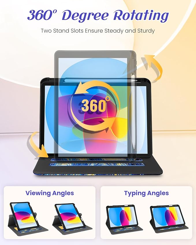 Kidcube for iPad 10th Generation Case 2022, for iPad (A16) Case 11th Generation 2025 - for Women Girls Kids Cute Rotating Stand Folio Cover with Pencil Holder & Card Slot Cool Design Teens Cases