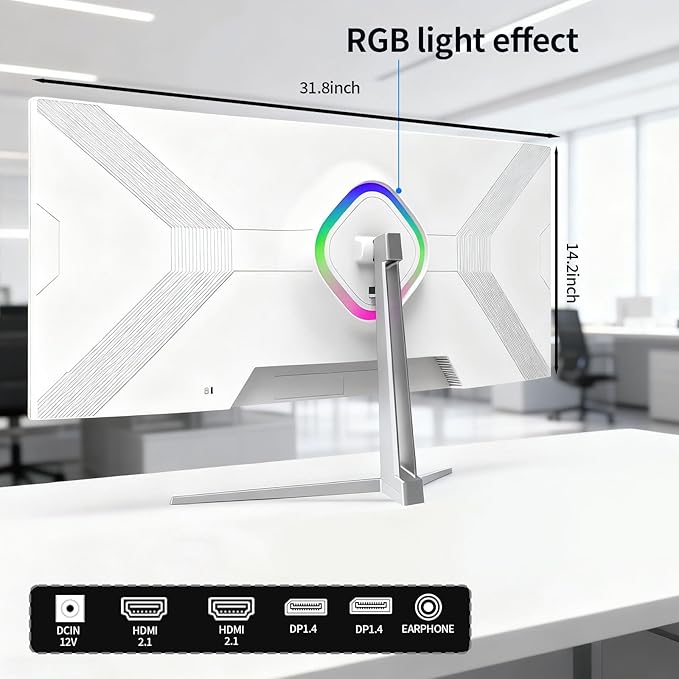 ZZA 34'' Gaming Monitor-165Hz/180Hz WQHD (3440x1440P) Ultrawide 34 White Curved Monitor,FreeSync for Tear-Free Gaming,120% sRGB, HDMI 2.1 & DP 1.4,PBP Mode,Wall Mountable