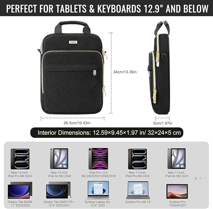 MoKo 13 Inch Puffer Tablet Sleeve Bag for New 13" iPad Air M4 2026 / Pro M5, iPad Pro 12.9" M2&M1, Galaxy Tab S8/S9 Plus 12.4", 360° Edge Protection Puffy Bag with Handle & Shoulder Strap, Black