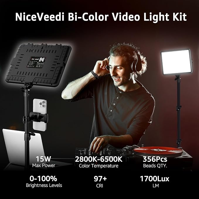NiceVeedi 1-Pack Photography Lighting Kit, 2800-6500K Bi-Color LED Video Light Kit, Dimmable Studio Light with Tripod Stand & Phone Holder, Light for Video Recording, Game Streaming, YouTube