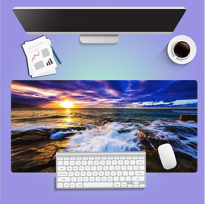 Large Gaming Mouse Pad (31.5" x 15.8") - Hawaiian Majestic Golden Sunset Glow over Turbulent Rocky Sea Rugged Coastline, Extra XXL Office Accessories, Premium Stitched Anti-Slip Office Desk Mat