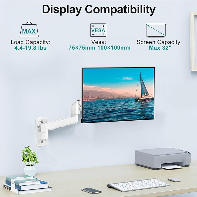 Monitor Wall Mount Fits 17-32 Inch Flat/Curved Computer Screens, Single Wall Arm Holds up to 19.8lbs, Height Adjustable Gas Spring Wall Stand Tilt, VESA Mount 75/100, White