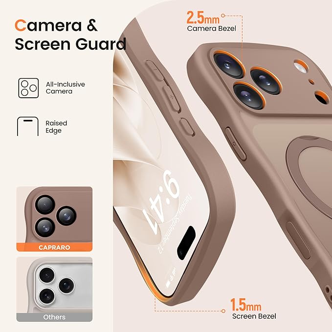 CAPRARO for iPhone 17 Pro Max Case with 360° Spin Magnetic Stand for Women, [Compatible with MagSafe] [Full Camera Protection] Cute Wave Translucent Matte Case for iPhone 17 Pro Max, Brown