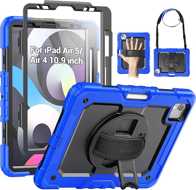 SEYMAC for iPad Air 5th/ 4th Generation Case 10.9 Inch, Full-Body Shockproof Protective Case with Screen Protector, Rotating Stand/Handle/Shoulder Strap/Pencil Holder for iPad Air 5/ Air 4, Blue
