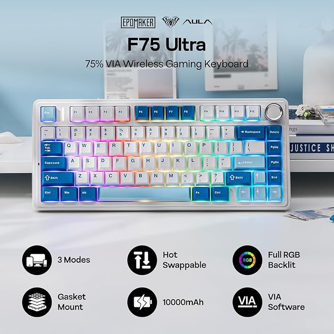 EPOMAKER x Aula F75 Ultra Wireless Gaming Keyboard with Knob, 10000mAh, Hot Swap, RGB, PBT Keycap, Creamy Sound, VIA, 75% Mechanical Keyboard for Win/Mac (Blue, Reaper)