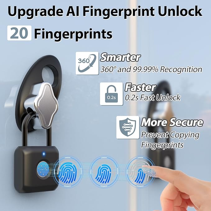 Fingerprint Padlock,Smart Padlock APP Control,Gym Locker Lock,Fingerprint Lock USB Rechargeable for Gym Locker,Locker, School,Storage Black