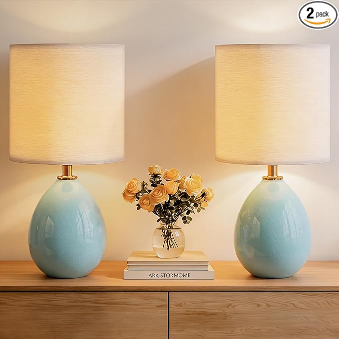 Dawnwake 18.5" Table Lamp Set of 2 for Living Room Bedroom, Bedside Lamps for Night Stands, Desk Nightstand Lamp Dimmable, Modern Linen Cream Ceramic Lamps (Blue)