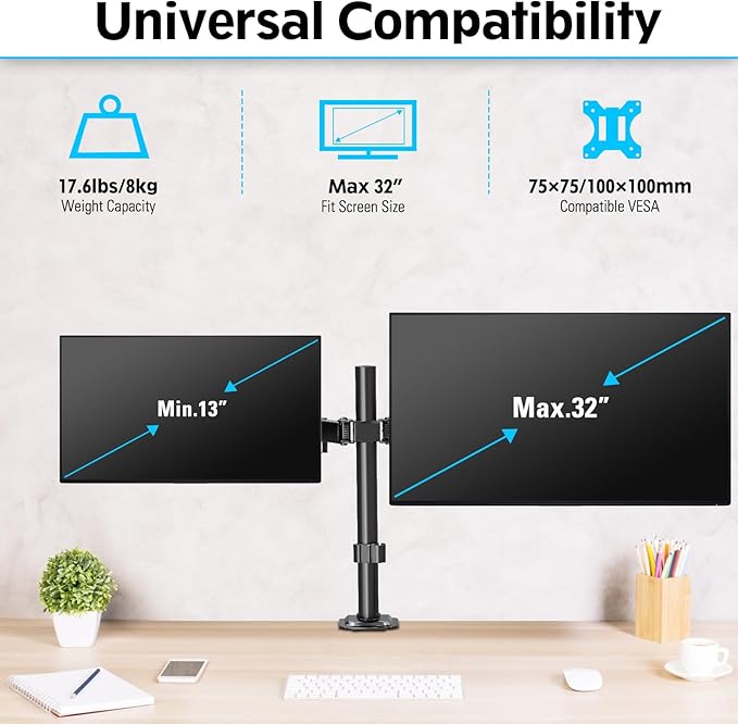 Dual Monitor Mount, Hold Two Screens up to 32", 17.6 lbs Each, Fully Adjustable Arms with C-Clamp and Grommet Base, Double Monitor Stand