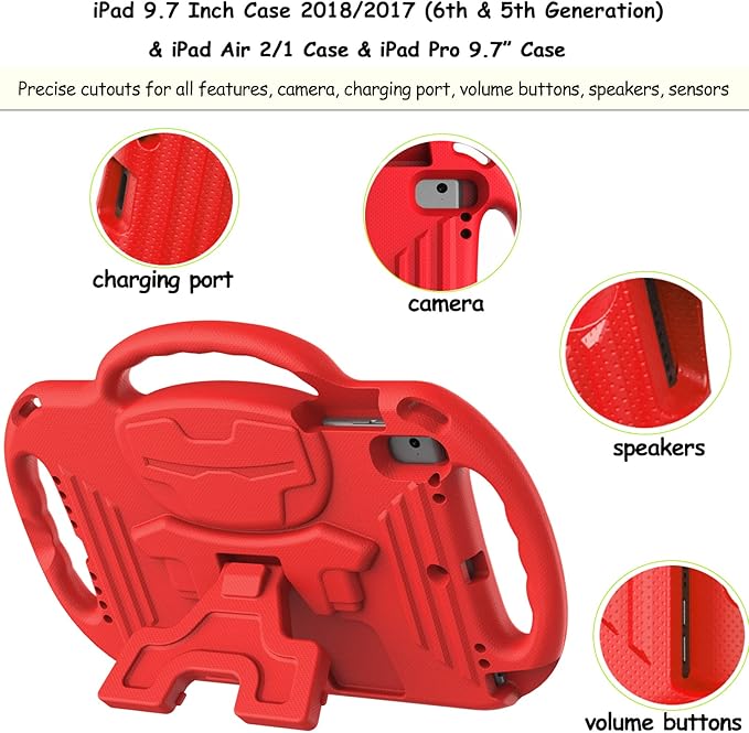 LTROP iPad 6th Generation Case, 9.7 iPad Case 2018, iPad 9.7-Inch Case - Light Weight Shock Proof Handle Stand Shoulder Strap Kids Case for 9.7 inch iPad 6th Gen/ 5th Gen/Air 2/ Air - Red
