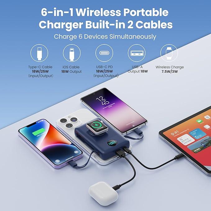 Magnetic Portable Charger for MagSafe with Built-in Cable,iWatch Charger,10800mAh Wireless Power Bank Travel Essentials,25W PD Fast Charging Battery Pack for iPhone 17/16/15/14/13/12,Apple Watch-Navy