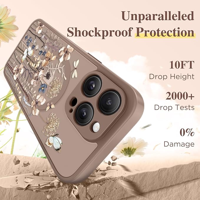 GVIEWIN for iPhone 15 Pro Case Compatible with MagSafe, [Military Grade Protection] [Screen Protector] Full Camera Protection Floral Translucent Women Magnetic Phone Case, Autumnflit/Brown