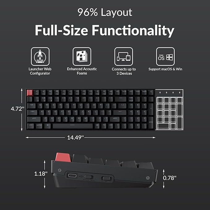 Keychron K4 96% Layout QMK Wireless and Wired Options Mechanical Keyboard, White Backlight Super Red Switch, Paired with Shine-Through Double-Shot PBT Keycaps for Mac Windows-Version 3