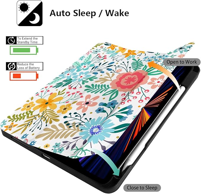DONGKE Case for iPad Pro 11 inch (4th, 3rd, 2nd & 1st Gen) 2022 2021 2020 2018, Trifold Stand + Pencil Holder + Auto Wake/Sleep + Soft TPU Protective Stand Back Cover, Flower