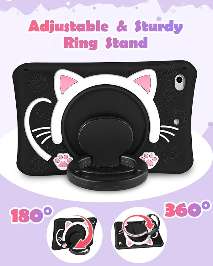Wazzasoft for iPad Mini 1/2/3 Case 7.9 Inch Girls Cute Black Cat Cover Kawaii Girly Cartoon Women Kitten with Rotating Handle Stand &Strap Soft Silicone Funda for Apple iPad Mini 3rd/2nd/1st Gen Cases