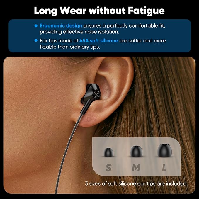 USB-C Wired in-Ear Earbuds, Dual Driver Hi-Fi Headphones with Mic, Noise Isolating Fit, Deep Bass, 5 ft Long Tangle-Free Cable, for iPhone 17 16 15/Android/Samsung Phone, Laptop