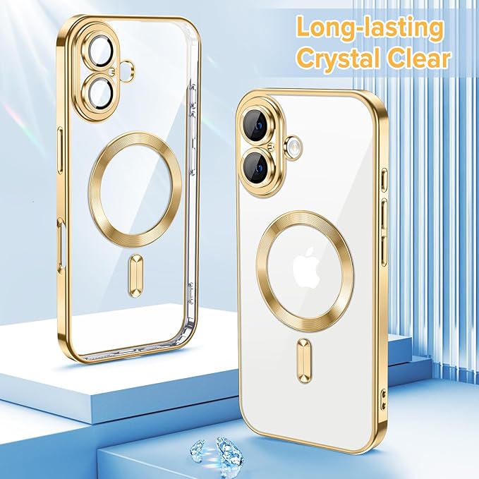 Hython Magnetic Clear for iPhone 16 Case with Camera Lens Protector [Compatible with MagSafe] Luxury Plating Edge Slim Soft TPU Cover Protective Phone Case for iPhone 16 6.1", Gold