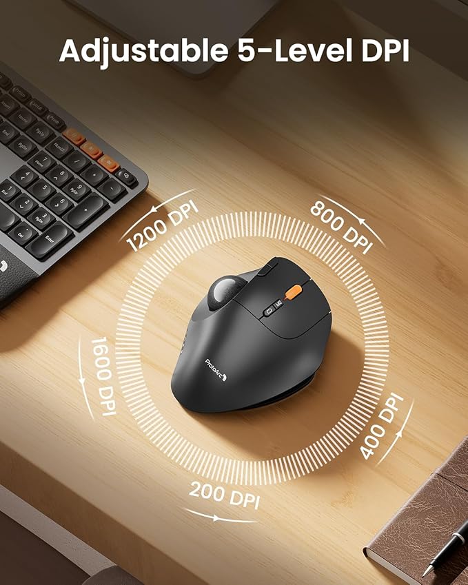 ProtoArc Wireless Bluetooth Trackball Mouse, EM02 Two Adjustable Angle Ergonomic Rechargeable Computer Ball Mouse, 3 Device Connection, Thumb Control and Smooth Tracking for Laptop, PC, Mac-Gray