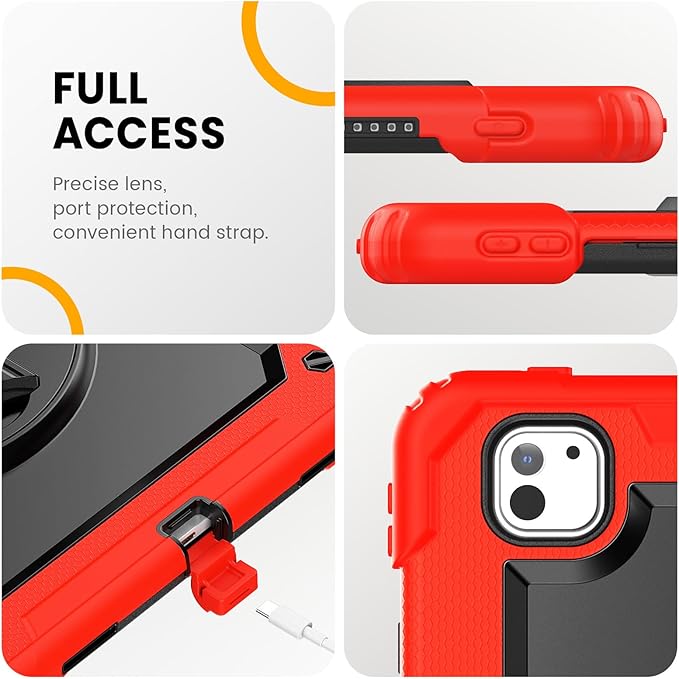 timecity Case for iPad Pro 13 Inch M5 2025 / M4 2024, 360° Rotating Stand, Pencil Holder & Wireless Charging, Shockproof with Screen Protector & Shoulder Strap - for Designers & Professionals, Red