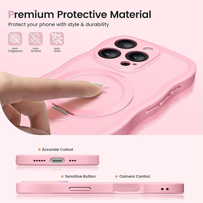 CAPRARO for iPhone 16 Pro Case with 360° Spin Magnetic Stand for Women, [Compatible with MagSafe] [Full Camera Protection] Cute Wave Translucent Matte Case for iPhone 16 Pro, Peach Pink
