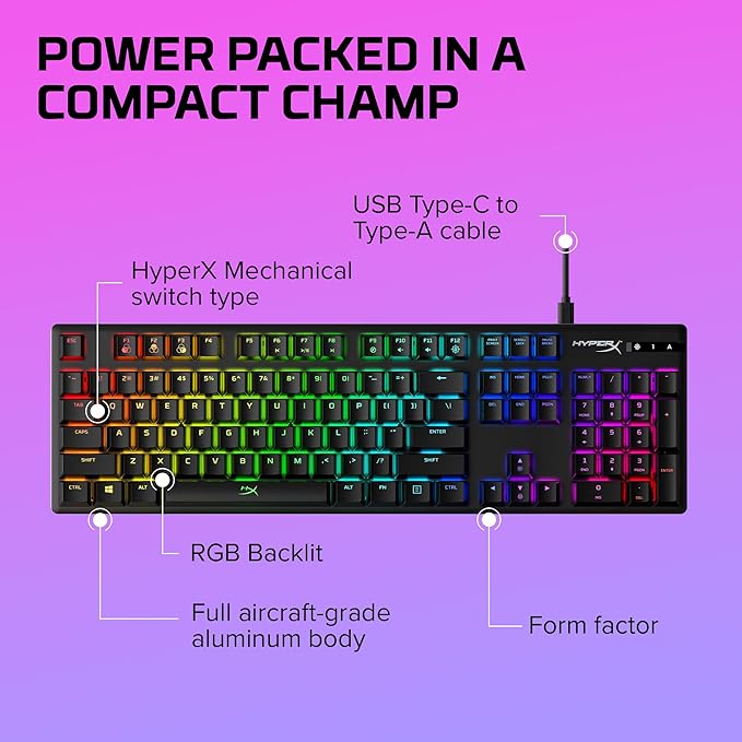HyperX Alloy Origins - Mechanical Gaming Keyboard, Software-Controlled Light & Macro Customization, Compact Form Factor, RGB LED Backlit - Tactile HyperX Aqua Switch,Black