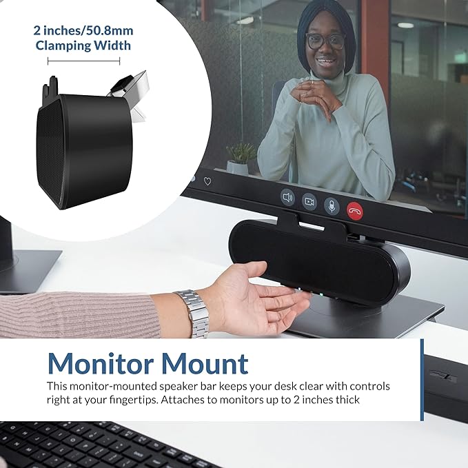 Cyber Acoustics USB & Bluetooth Speaker Bar (CA-2890PRO) USB Powered with Speakerphone for PC and Bluetooth for Connection to Smartphones, Clamps to Monitors up to 2 Inches Thick, 20 Watts