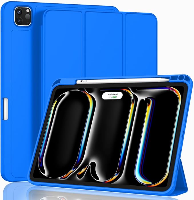 ZryXal iPad Pro 11 Inch Case (M5) 2025/ (M4) 2024 (Model: A2836/A2837/A3006), Trifold Stand Smart Cover with Pencil Holder and Soft TPU Back, Auto Wake/Sleep (Medium Blue)
