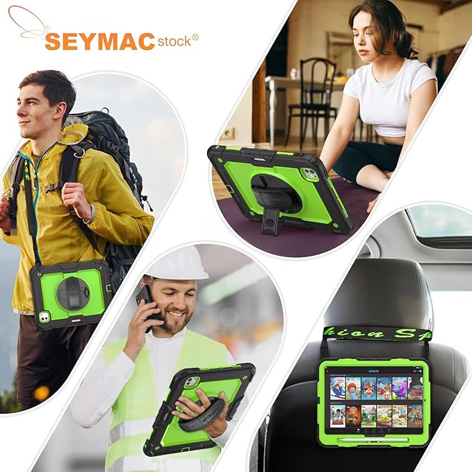 SEYMAC stock Case for iPad Pro 11-inch M5-M4 2025-2024, Shockproof Heavy Duty Case with Screen Protector, Pencil Holder, Rotating Stand, Hand Strap, Shoulder Strap, Green