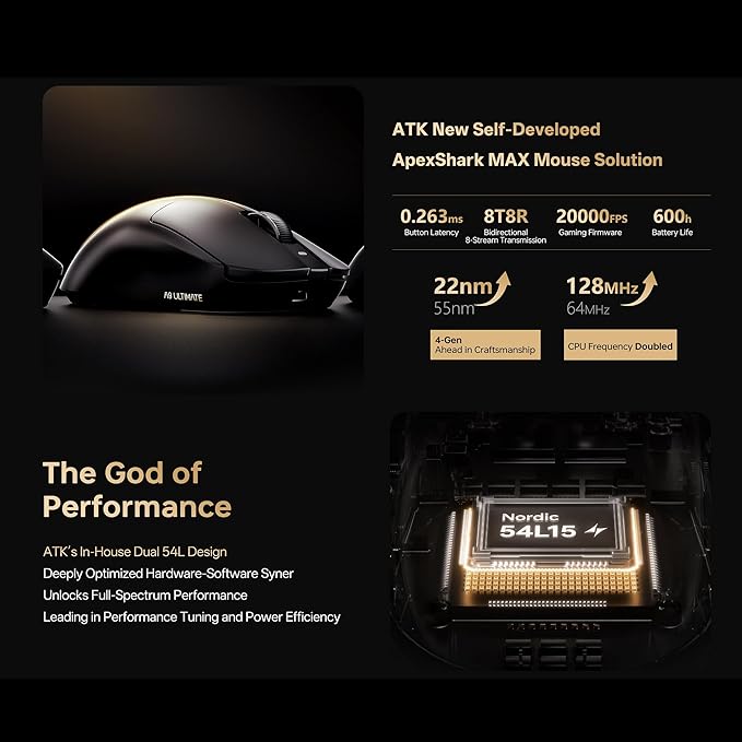 ATK Dragonfly A9 Ultimate Wireless Gaming Mouse, 55g Lightweight, PAW3950 Ultra Sensor, Nordic 54L15 MCU, 8K Polling, 800 Hr Battery Life, Dual-Mode 2.4G/Wired