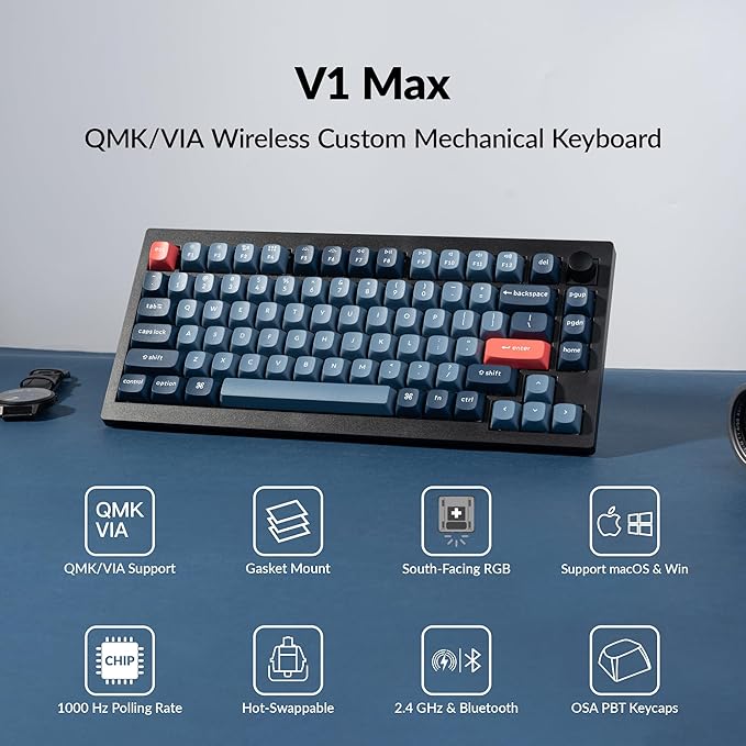Keychron V1 Max 75% RGB Custom Mechanical Keyboard, 2.4Ghz/Bluetooth 5.1/Wired QMK/VIA Programmable Macro, Hot-Swappable Gateron Jupiter Banana Switch Gasket Mount for Mac Windows