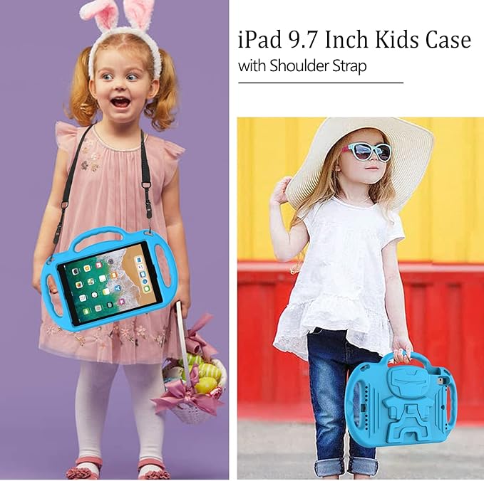 LTROP Kids Case for iPad 5th/6th Generation (9.7 Inch, 2017/2018), Air 1 & Air 2 & Pro 9.7" Case with Shoulder Strap Handle Stand, Blue