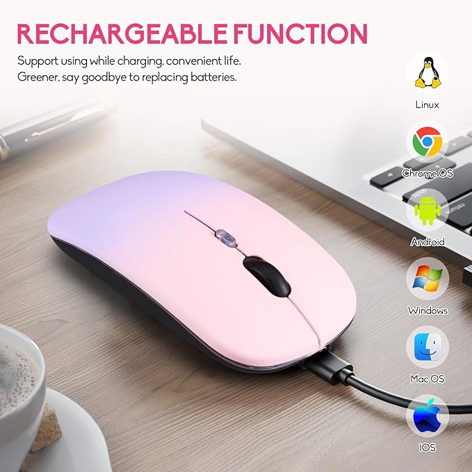 Wireless Bluetooth Mouse,LED Dual Mode Rechargeable Silent Slim Laptop Mouse,Portable(BT5.2+USB Receiver) Dual Mode Computer Mice,for Laptop,Desktop Computer,ipad Tablet,Phone,TV (Pinkish purple)