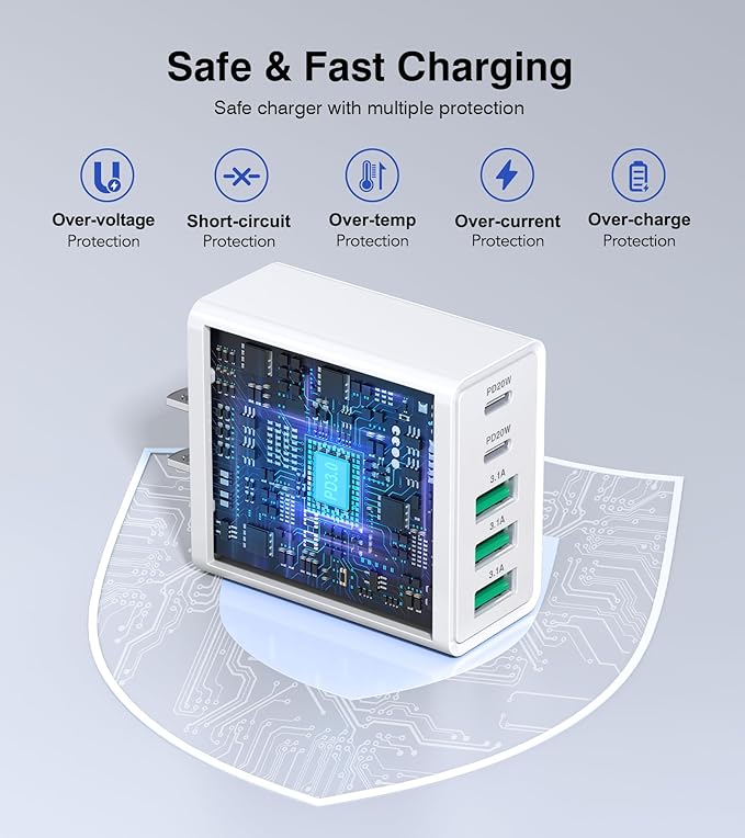 [2-Pack] USB C Wall Charger, 50W USB C Charger Block 5-Port PD Fast Charging Blocks + QC Power Adapter Brick Cube Multiport USB A Plug,Type C Cube for iPhone 17/16/15/14/13/12/Pro,Samsung,for Switch