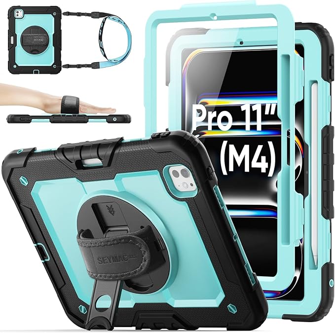 SEYMAC stock Case for iPad Pro 11-inch M5-M4 2025-2024, Shockproof Heavy Duty Case with Screen Protector, Pencil Holder, Rotating Stand, Hand Strap, Shoulder Strap, SkyBlue