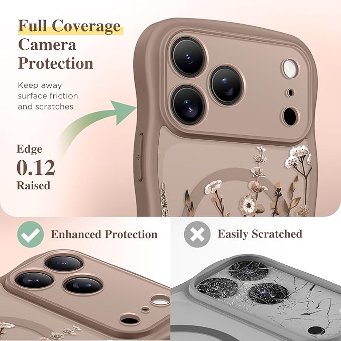 GVIEWIN for iPhone 17 Pro Case Compatible with MagSafe [Curly Wave Edge][Full Camera Protection] Floral Translucent Shockproof Magnetic Women Phone Case for iPhone 17 Pro 6.3'', Floratopia/Brown