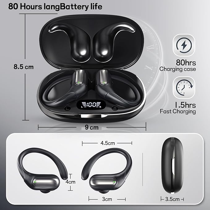 Wireless Sports Earhook Earbuds, Sweatproof Secure-Fit Bluetooth 6.0 Headphones with Hi-Fi Stereo Sound, 80H Playtime, Easy Button Control for Running Workout Gym