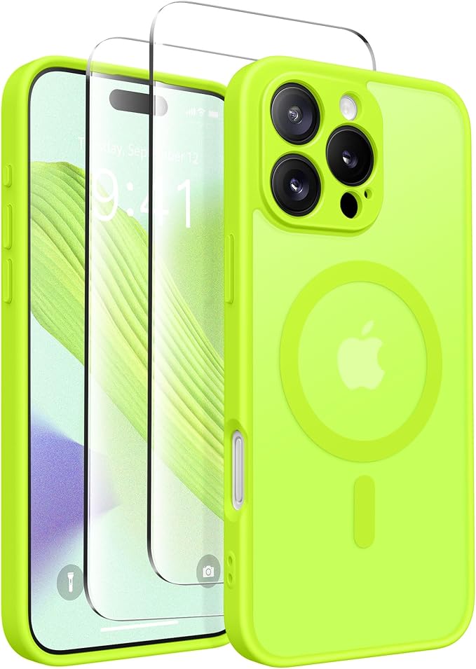 CAPRARO Magnetic Compatible with iPhone 16 Pro Case, Upgraded [Full Camera Protection] [Compatible with MagSafe] Protective Translucent Matte Women Girl Phone Case Cover, Fluorescent Green