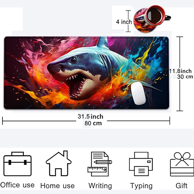 Large Mouse Pad, 31.5 x 11.8in Extended Gaming Mouse Pad with Stitched Edges, XXL Mousepad Protector Non Slip Rubber Base for Office and Home Writing Mat, Watercolor Sharks Pattern Black Desk Mat