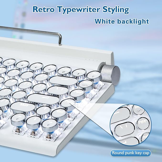 Adventurers Retro Typewriter Keyboard, 75% Layout 83 Keys with Blue Switch,Bluetooth 5.0,Fixed Multi-Color Backlight,Hot-Swappable for PC/Laptops/Mac/ipad(White)