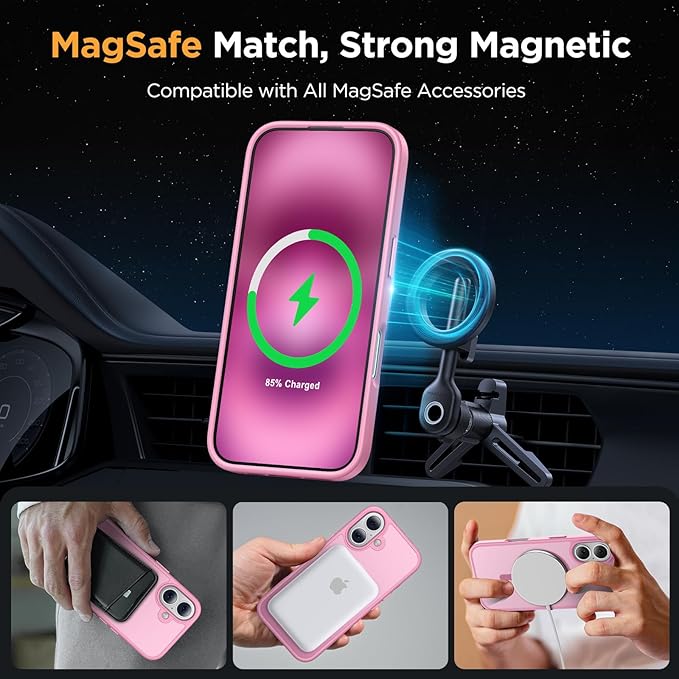 Miracase Magnetic for iPhone 17 Case (Compatible with MagSafe) with Screen Protector Military-Grade Protection, Anti-Fingerprint Translucent Matte Phone Cover for iPhone 17 6.3 inch, Light Pink