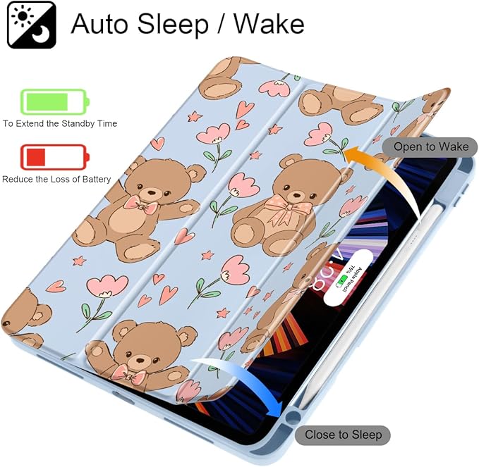 May Chen for iPad Pro 13 Inch Case M5 2025 / M4 2024, Built Pencil Holder & Clear Transparent Print Back Shell Slim Stand Shockproof Tablet Cover, Auto Wake/Sleep, Cute Teddy Bear