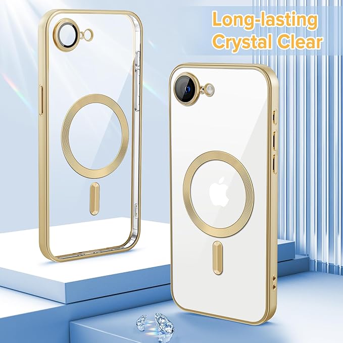Hython Magnetic Clear for iPhone 17e Case with Camera Lens Protector [Compatible with MagSafe] Luxury Plating Edge Slim Soft TPU Cover Protective Phone Case for iPhone 17e 6.1", Matte Gold