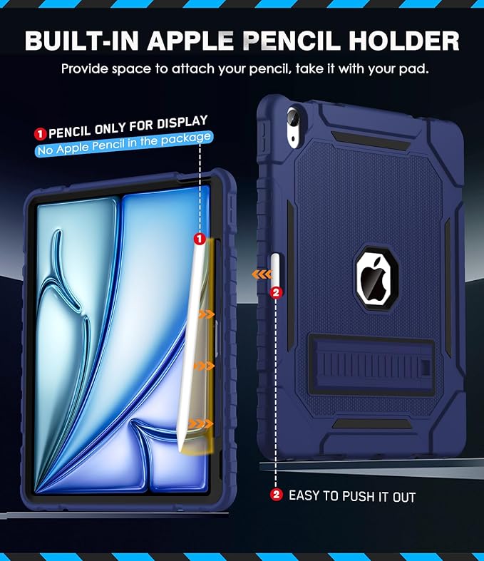 Grifobes Case for iPad Air 13-inch (M4/M3/M2) 2026/2025/2024, Heavy Duty Shockproof Rugged Protective Cover with Pencil Holder/Built-in Stand for i Pad Air 13" (Navy Blue)