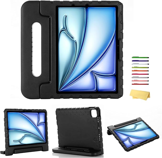 for iPad Air 11-inch Case M3/M2 (2025/2024) for Kids with Pencil Holder/Kickstand, Anti-Slip Handle Stand Lightweight Soft EVA Foam Shockproof Rugged Bumper Tablet Protective Cover, Black
