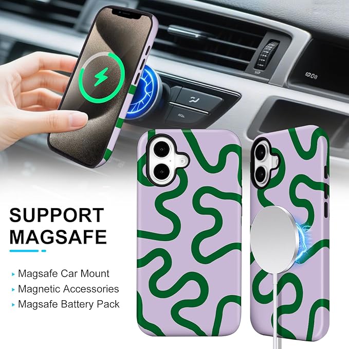 Magnetic for iPhone 16 Case Cute Curved Stripes Phone Case, Shockproof Slim TPU and Hard PC Protective Phone Cover Compatible with MagSafe Designed for Women Girls,Green