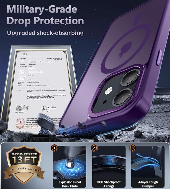 Newfuture Designed for iPhone 12 Case/iPhone 12 Pro Case with Magnetic [13 FT Military Drop Protection] [Compatible with Magsafe] Translucent Shockproof with Anti-Fingerprint Phone Case, Deep Purple