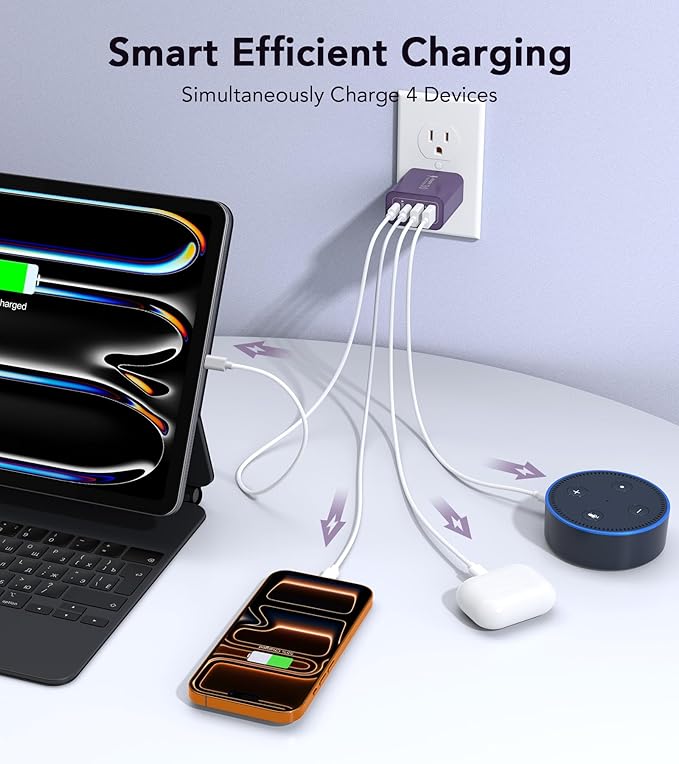[2-Pack] 40W USB C Charger Block, 4-Port Type C Fast Charging Brick Dual PD&QC Wall Plug Adapter Power Brick for iPhone 13/14/15/16/17 Pro Max Plus/iPad/Airpods/iwatch/Samsung Galaxy (Purple)