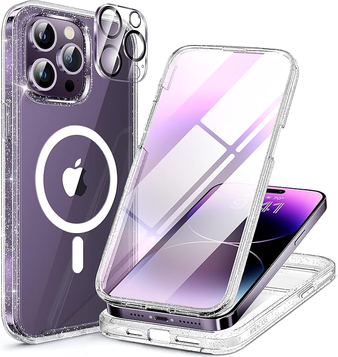 Miracase Magnetic for iPhone 14 Pro Case 6.1 inch, (Compatible with MagSafe) Upgrade Full-Body Clear Phone Bumper Case with Built-in 9H Tempered Glass Screen Protector, Magnetic Glitter Clear